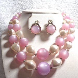 Double Strand Pink  Moonglow & Pearl Necklace Set